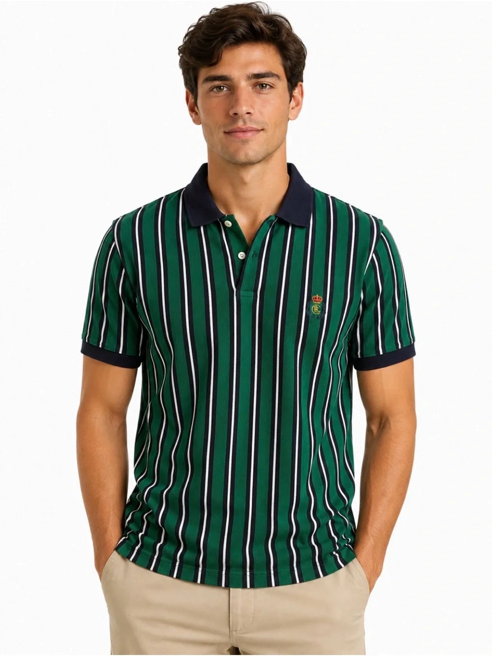 Vintage Chaps Ralph Lauren Polo Shirt Mens Small Green Striped Crest Logo Cotton